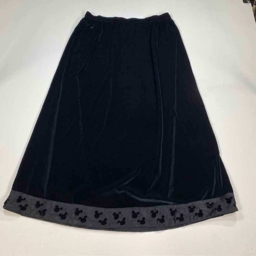 Black Velvet Whimsigoth Mickey Mouse Embroidered Maxi Skirt Large Vintage